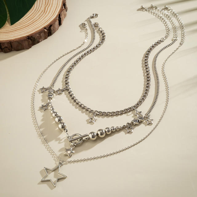 Y2K silver color ball bead hollow out star charm layer necklace for women