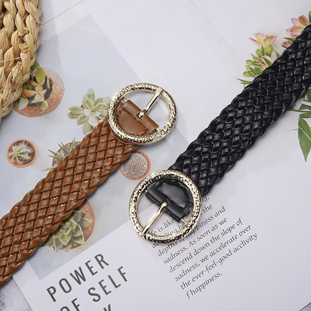Candy color PU leather braid round buckle belt for women dress belt