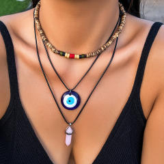 Vintage boho blue eye evil eye charm wax rope layer necklace for women