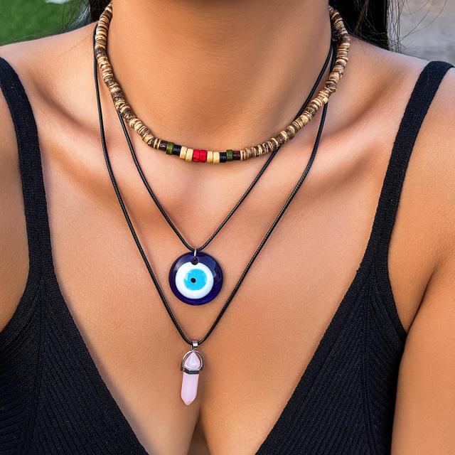 Vintage boho blue eye evil eye charm wax rope layer necklace for women
