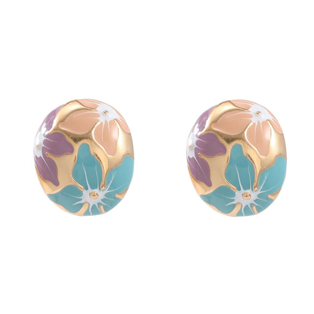 Sweet enamel flower oval shape metal studs earrings