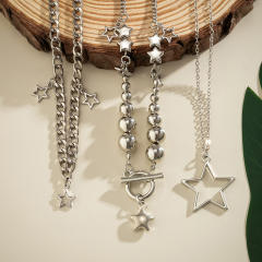 Y2K silver color ball bead hollow out star charm layer necklace for women