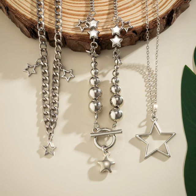 Y2K silver color ball bead hollow out star charm layer necklace for women