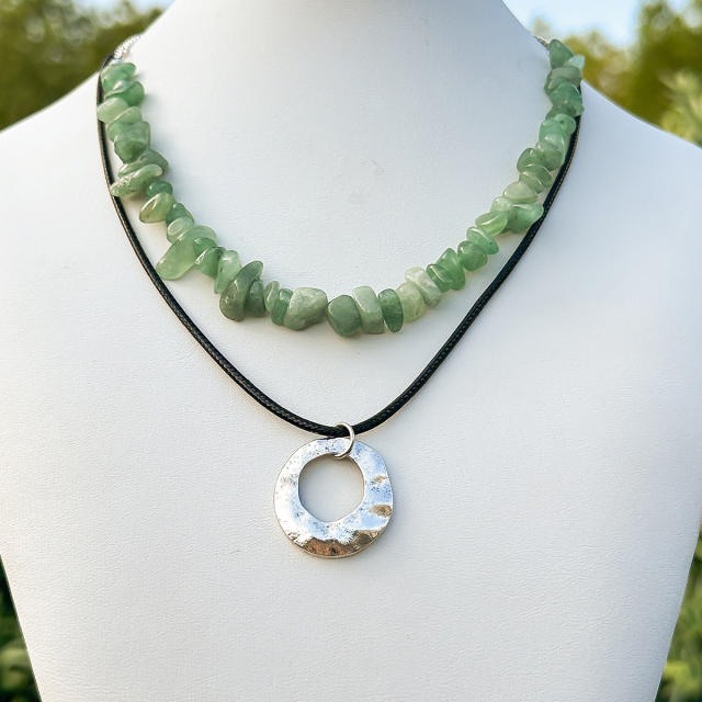 Vintage boho green color stone silver circle charm two layer necklace for women