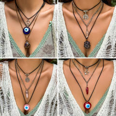 Vintage boho evil eye charm wax rope layer necklace for women
