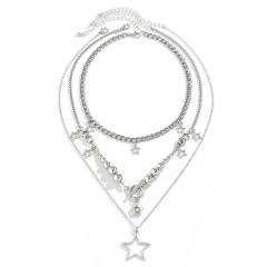 Y2K silver color ball bead hollow out star charm layer necklace for women