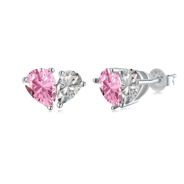 925 sterling silver pink white cubic zircon tiny heart dainty necklace ear studs set