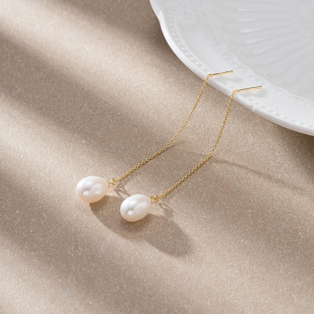 925 Sterling silver elegant water pearl drop threader earrings