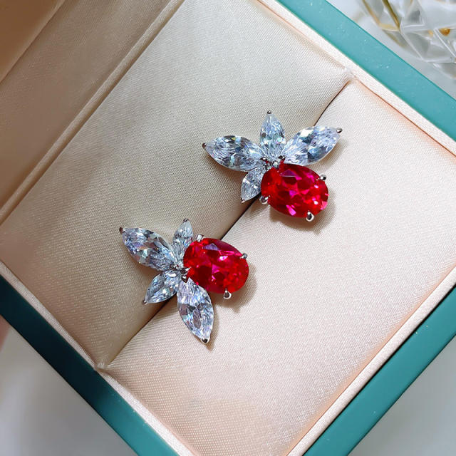 Delicate rose red cubic zircon copper studs earrings for women
