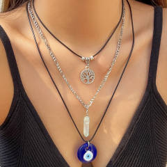 Vintage boho evil eye charm wax rope layer necklace for women