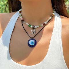 Vintage boho blue eye evil eye charm wax rope layer necklace for women
