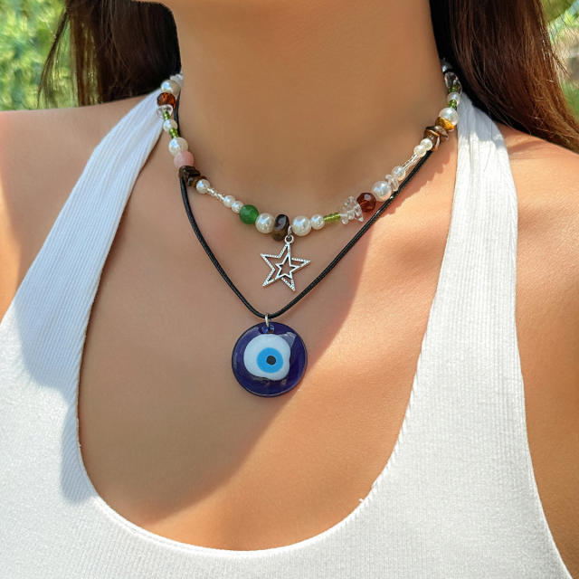 Vintage boho blue eye evil eye charm wax rope layer necklace for women
