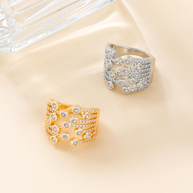 Chunky pave setting cubic zircon gold plated copper rings for women
