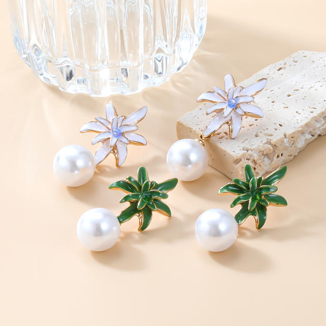 Summer enamel flower pearl drop earrings