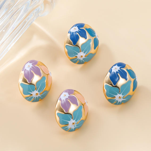 Sweet enamel flower oval shape metal studs earrings
