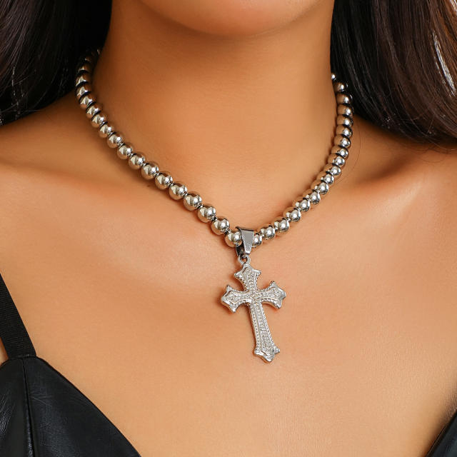 Punk trend cross charm ball bead choker necklace