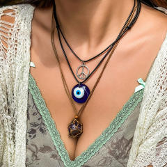 Vintage boho evil eye charm wax rope layer necklace for women