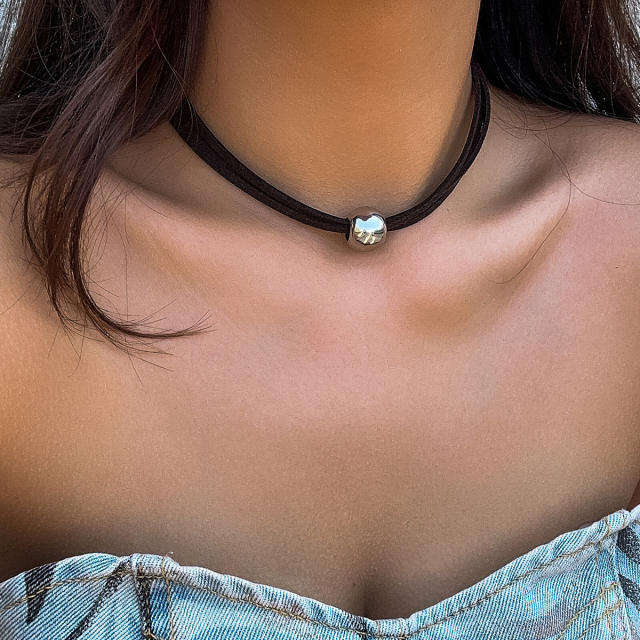 Concise silver color ccb ball black wax rope layer choker necklace