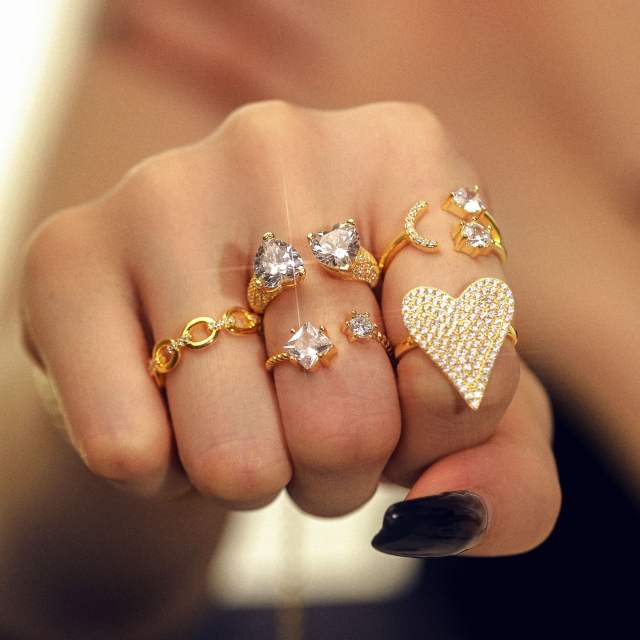 925 sterling silver full diamond heart adjustable finger rings for women