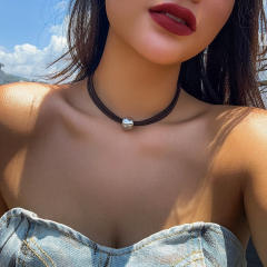 Concise silver color ccb ball black wax rope layer choker necklace