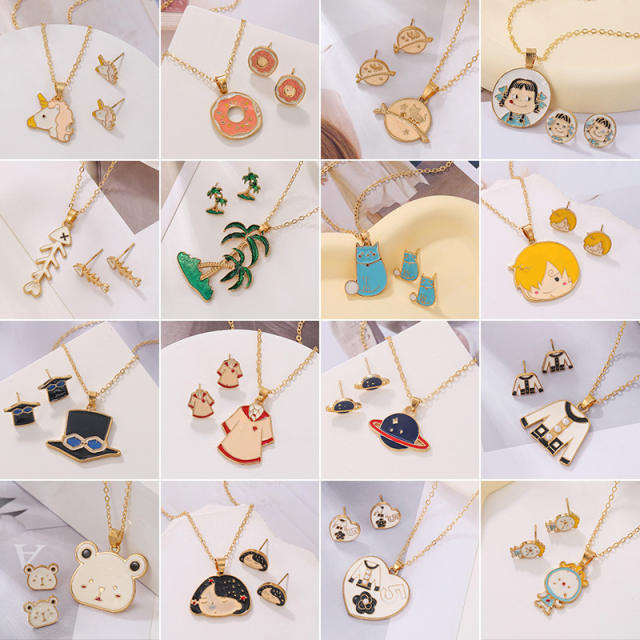 Cartoon animal Anime enamel necklace earrings set gift necklace set