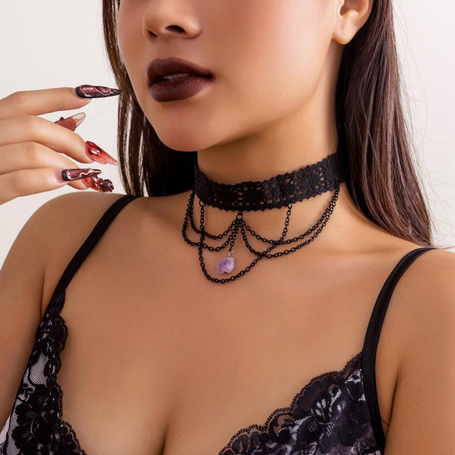 Y2K sexy black lace chain tassel choker necklace for women