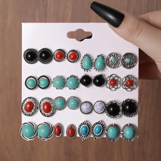 Vintage natural trend turquoise bead card earrings set