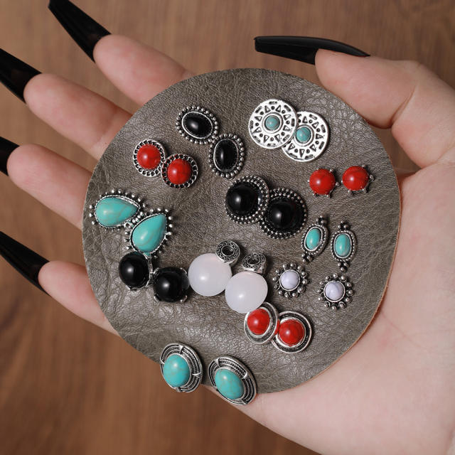 Vintage natural trend turquoise bead studs earrings set