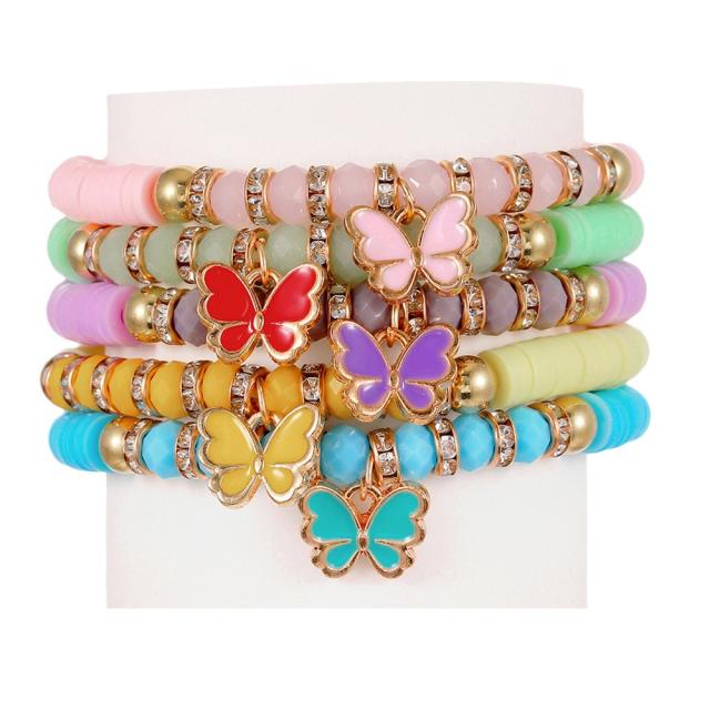 Boho colorful butterfly flower charm clay bead bracelet set