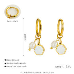 18KG pearl bead triangle square heart charm stainless steel huggie earrings