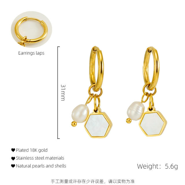 18KG pearl bead triangle square heart charm stainless steel huggie earrings