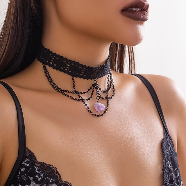 Y2K sexy black lace chain tassel choker necklace for women