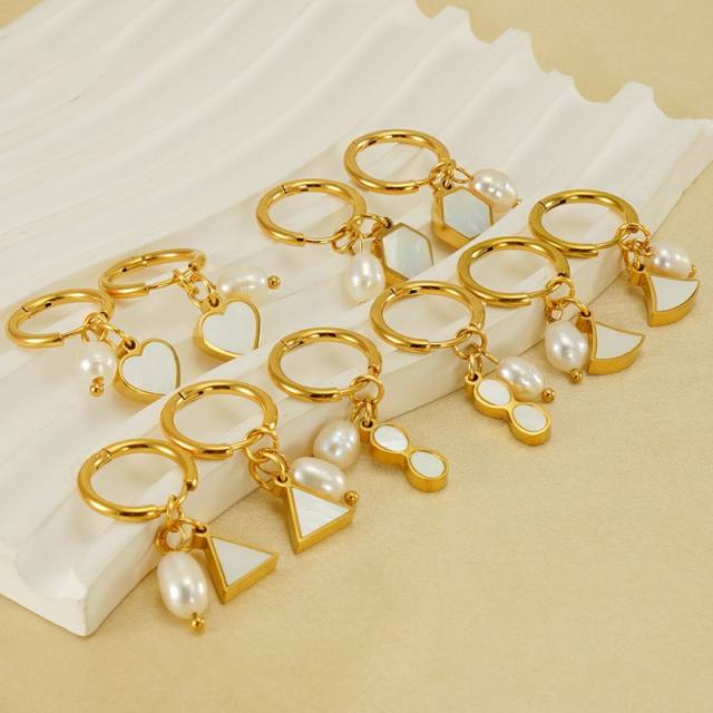 18KG pearl bead triangle square heart charm stainless steel huggie earrings