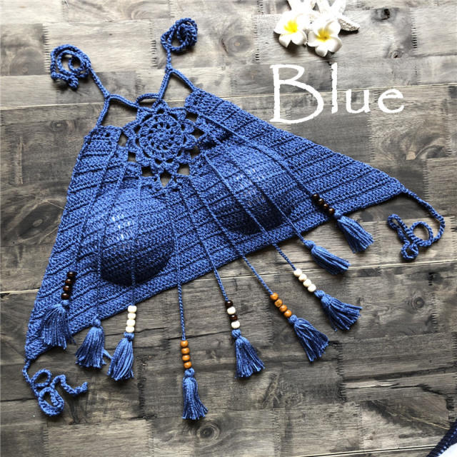 Boho handmade corchet tassel beach halter neck tops