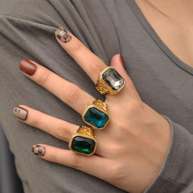 18KG chunky color glass crystal statement stainless steel finger rings