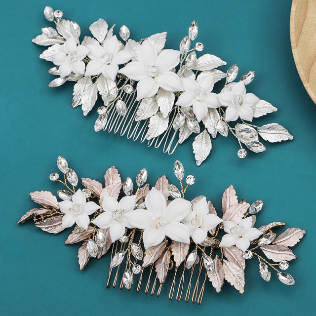 Handmade Ceramic flower metal leaf wedding hair combs