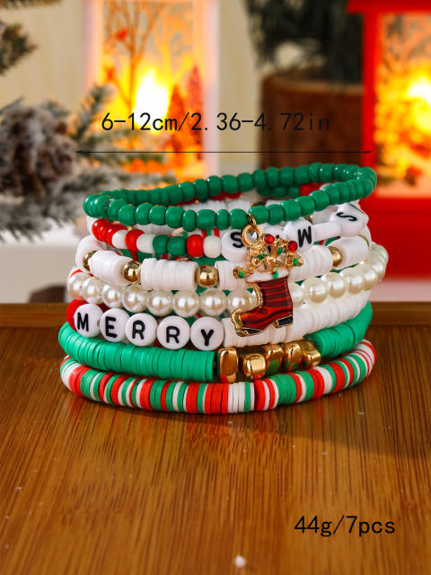 7PCS Green color clay bead elastic bracelet set christmas gift bracelet
