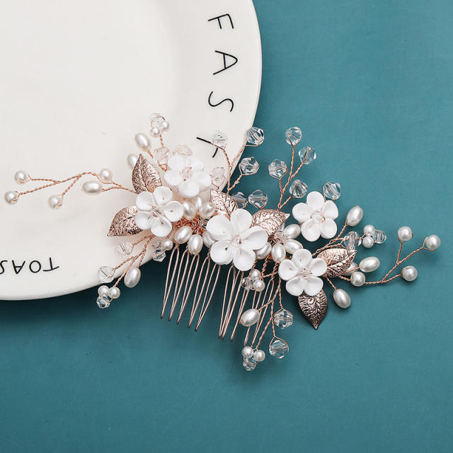 Handmade clay bead flower pearl wedding hair combs