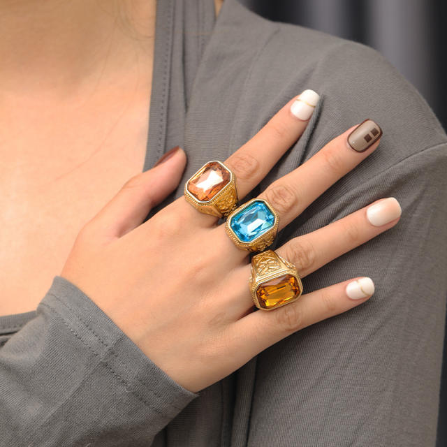 18KG chunky color glass crystal statement stainless steel finger rings