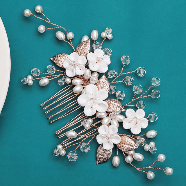 Handmade clay bead flower pearl wedding hair combs