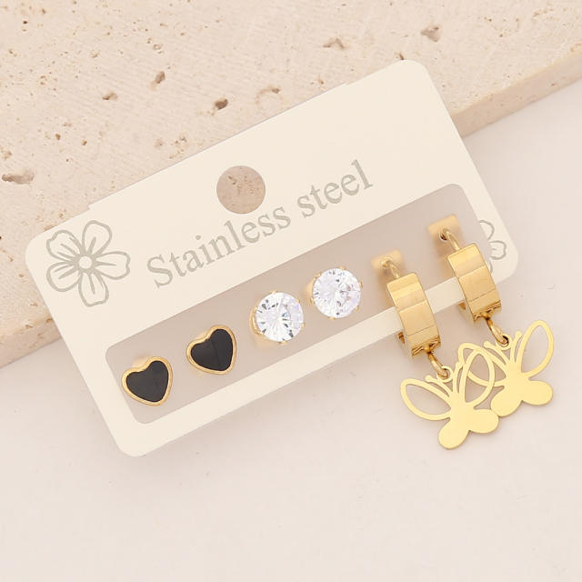 3 pairs cute stainless steel studs huggie earrings set
