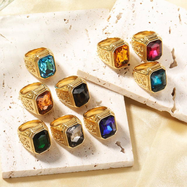 18KG chunky color glass crystal statement stainless steel finger rings