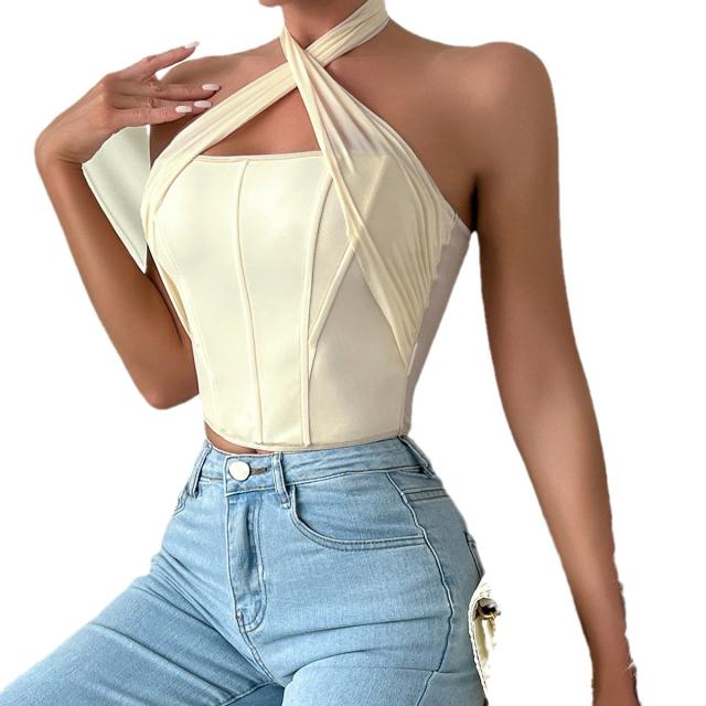 Sexy apricot mesh halter neck corset tops for women