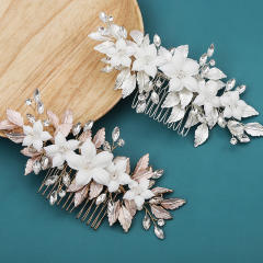 Handmade Ceramic flower metal leaf wedding hair combs