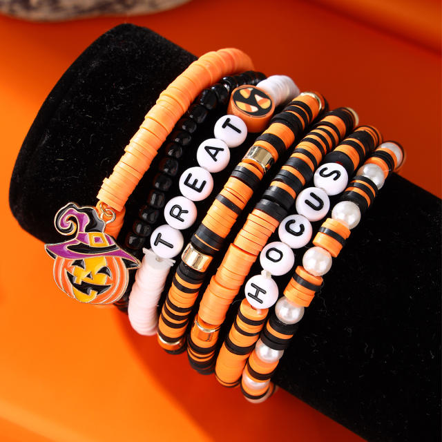 6pcs halloween orange black color clay bead bracelet set