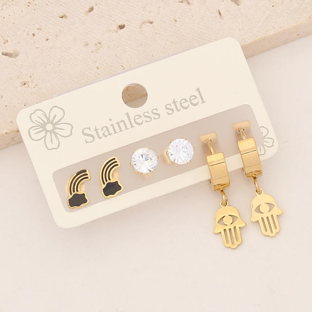 3 pairs cute stainless steel studs huggie earrings set