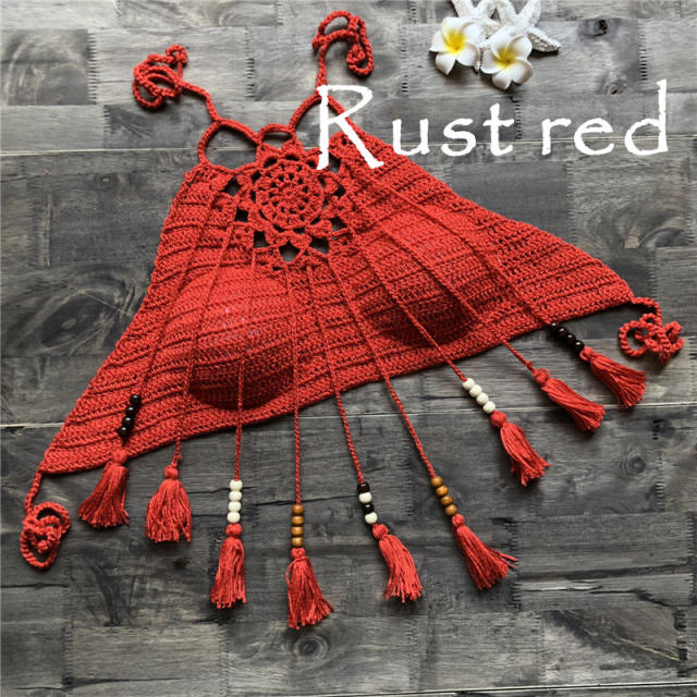 Boho handmade corchet tassel beach halter neck tops