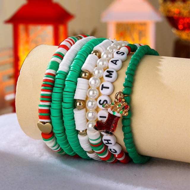 7PCS Green color clay bead elastic bracelet set christmas gift bracelet