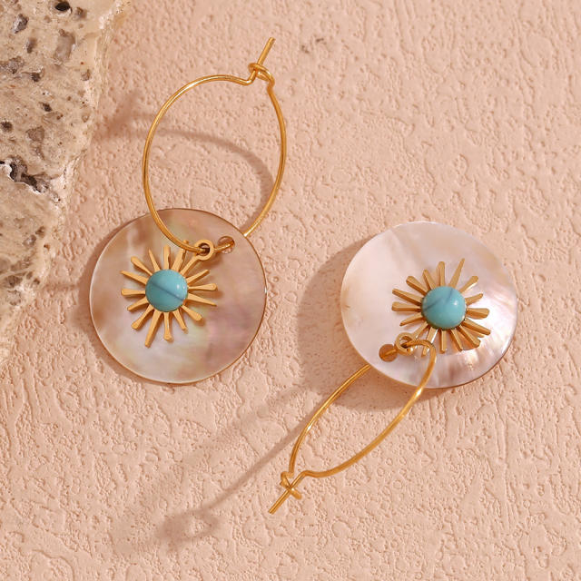 18KG turquoise sunflower round shape dangle stainless steel hoop earrings