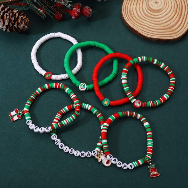 7pcs set christmas green white red color clay bead bracelet set